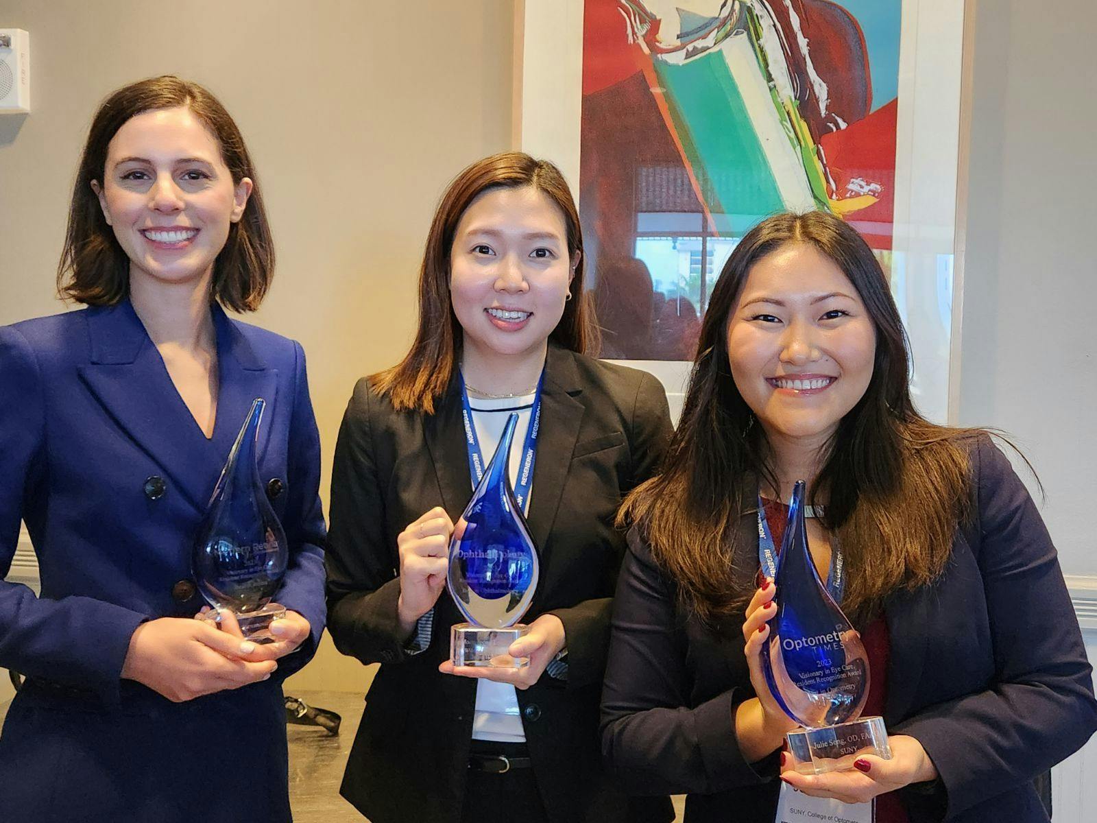Three residents were honored with the 2023 Visionary in Eye Care Resident Recognition Award. From left: Marta Stevanovic, MD, Mass Eye and Ear, Harvard Medical School, Boston, Massachusetts; Moon Jeong Lee, MD, Wilmer Eye Institute, Johns Hopkins University School of Medicine, Baltimore, Maryland; and Julie Song, OD, FAAO, SUNY College of Optometry, New York, New York. (Photo by Sheryl Stevenson)