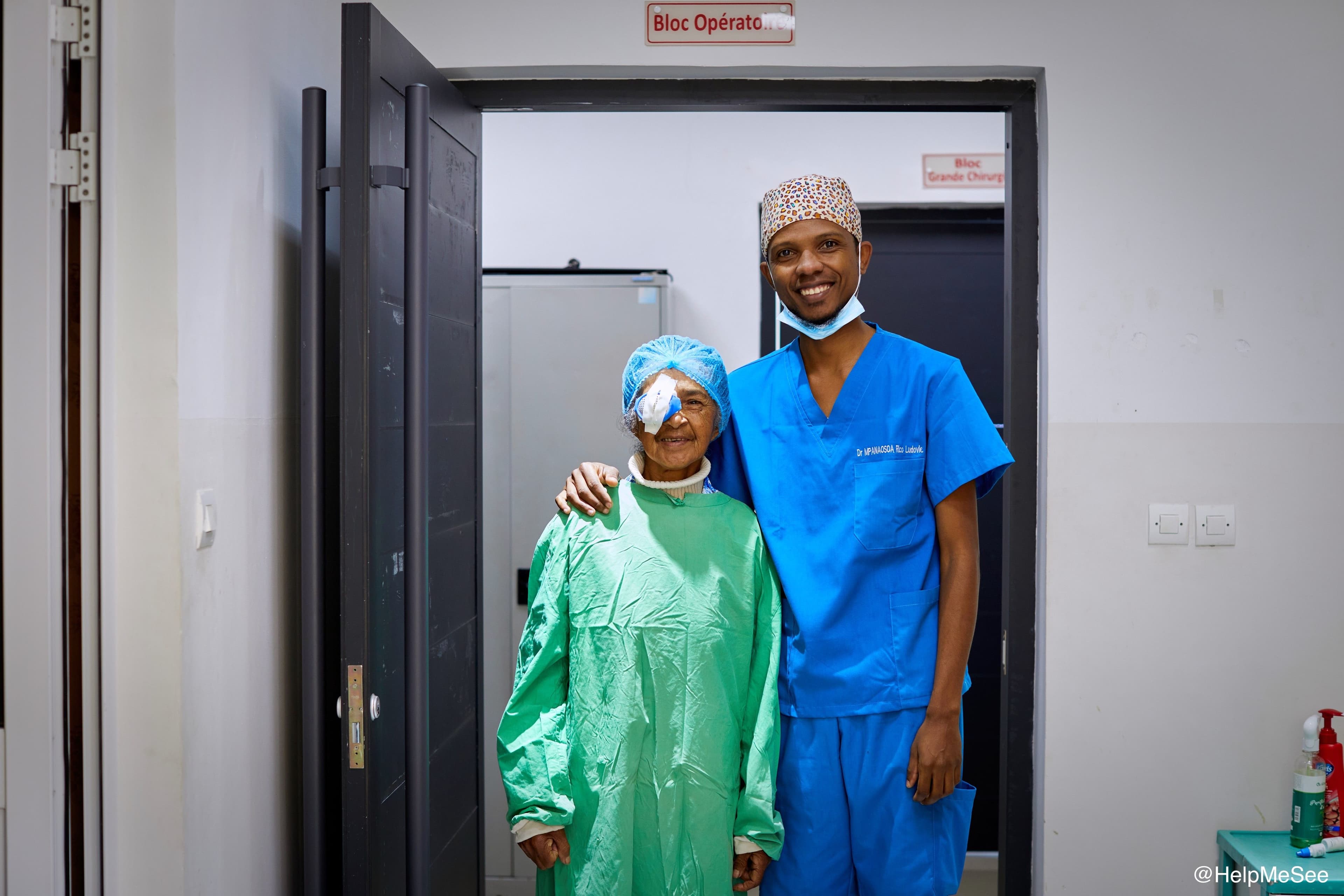 Dr Rico Ludovic Mpanasoa is pictured with patient Marie Henriette following her successful cataract surgery operation at the Vision Institute in Ambatomaro in Madagascar. Dr. Rico trained with HelpMeSee at the Polyclinic d’llafy hospital in Antananarivo, Madagascar. (Image credit: HelpMeSee)